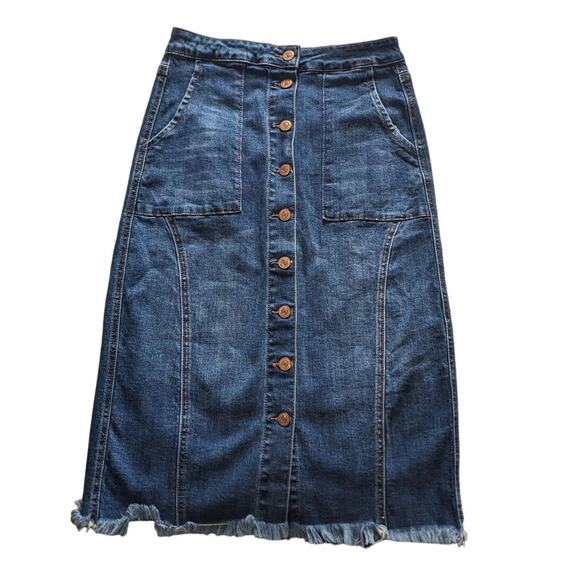 Gina Tricot Dresses & Skirts - Tricot Long Denim Blue Fringe Hem Button Up Skirt Small